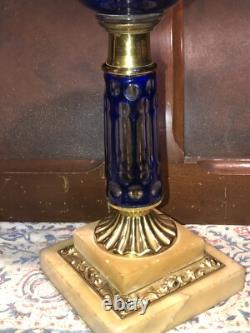 Fantastic Sandwich Glass Overlay Oil Lamp Blue Cut To Clear. 1870 Matching Stem
