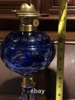 Fantastic Sandwich Glass Overlay Oil Lamp Blue Cut To Clear. 1870 Matching Stem