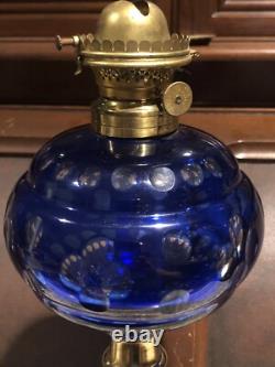 Fantastic Sandwich Glass Overlay Oil Lamp Blue Cut To Clear. 1870 Matching Stem