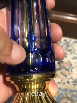 Fantastic Sandwich Glass Overlay Oil Lamp Blue Cut To Clear. 1870 Matching Stem