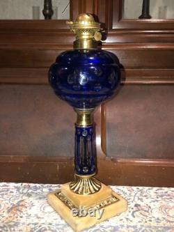 Fantastic Sandwich Glass Overlay Oil Lamp Blue Cut To Clear. 1870 Matching Stem