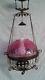 Fenton Cranberry Glass Shade Antique Victorian Hanging Oil Lamp Electrified