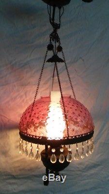 Fenton Cranberry Glass Shade Antique Victorian Hanging Oil Lamp Electrified