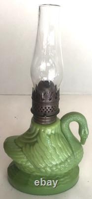 Figural Swan Green Milk Glass Nutmeg Oil Kerosene Finger Lamp Pat. 1877 Antique
