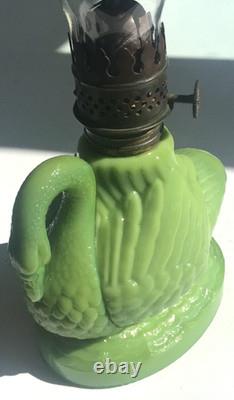 Figural Swan Green Milk Glass Nutmeg Oil Kerosene Finger Lamp Pat. 1877 Antique