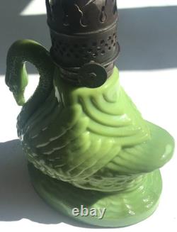 Figural Swan Green Milk Glass Nutmeg Oil Kerosene Finger Lamp Pat. 1877 Antique