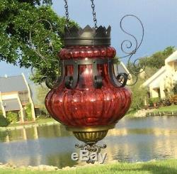 Fine Antique Ruby Red & Hammered Iron Hanging Oil Lamp / Parlor Light