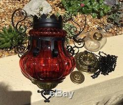 Fine Antique Ruby Red & Hammered Iron Hanging Oil Lamp / Parlor Light