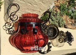 Fine Antique Ruby Red & Hammered Iron Hanging Oil Lamp / Parlor Light
