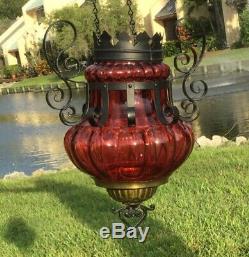 Fine Antique Ruby Red & Hammered Iron Hanging Oil Lamp / Parlor Light