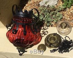 Fine Antique Ruby Red & Hammered Iron Hanging Oil Lamp / Parlor Light