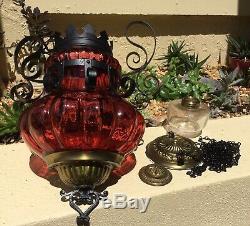 Fine Antique Ruby Red & Hammered Iron Hanging Oil Lamp / Parlor Light