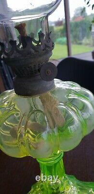 French Antique VASELINE glass Oil Lamp