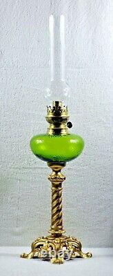 French Apple Green Optic Glass With Ornate Spelter Base Kerosene Oil Lamp