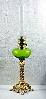 French Apple Green Optic Glass With Ornate Spelter Base Kerosene Oil Lamp