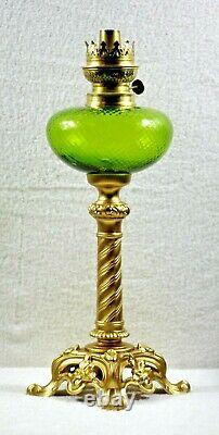 French Apple Green Optic Glass With Ornate Spelter Base Kerosene Oil Lamp