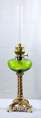 French Apple Green Optic Glass With Ornate Spelter Base Kerosene Oil Lamp