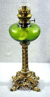 French Apple Green Optic Glass With Ornate Spelter Base Kerosene Oil Lamp