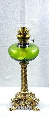 French Apple Green Optic Glass With Ornate Spelter Base Kerosene Oil Lamp