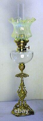 French Clear + Ornate Brass + Ruffled Uranium Swirl Shade Peg Kerosene Oil Lamp