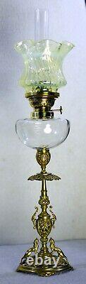 French Clear + Ornate Brass + Ruffled Uranium Swirl Shade Peg Kerosene Oil Lamp