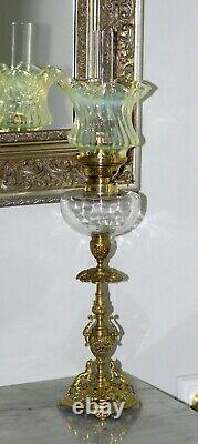 French Clear + Ornate Brass + Ruffled Uranium Swirl Shade Peg Kerosene Oil Lamp