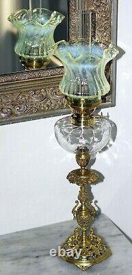 French Clear + Ornate Brass + Ruffled Uranium Swirl Shade Peg Kerosene Oil Lamp