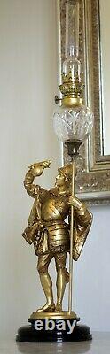 French Cut Crystal + Spanish Conquistador  Figural Spelter Kerosene Oil Lamp
