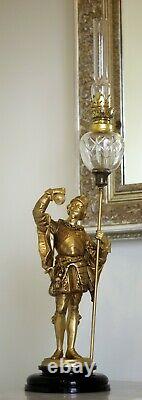 French Cut Crystal + Spanish Conquistador  Figural Spelter Kerosene Oil Lamp