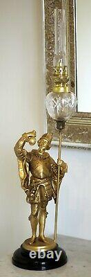 French Cut Crystal + Spanish Conquistador  Figural Spelter Kerosene Oil Lamp