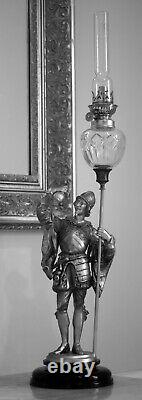 French Cut Crystal + Spanish Conquistador  Figural Spelter Kerosene Oil Lamp