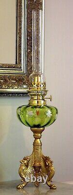 French Green Enamelled + Tripodal Winged Lions Kerosene Oil Lamp