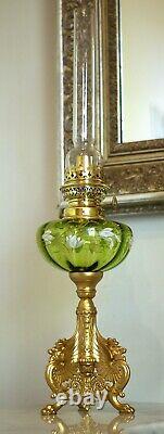 French Green Enamelled + Tripodal Winged Lions Kerosene Oil Lamp