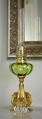 French Green Enamelled + Tripodal Winged Lions Kerosene Oil Lamp