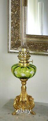 French Green Enamelled + Tripodal Winged Lions Kerosene Oil Lamp