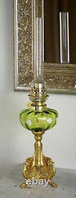 French Green Enamelled + Tripodal Winged Lions Kerosene Oil Lamp