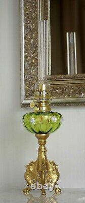 French Green Enamelled + Tripodal Winged Lions Kerosene Oil Lamp