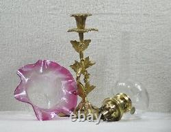 French Internally Ribbed Peg Kerosene Oil Lamp & Graduated Cranberry Pink Shade