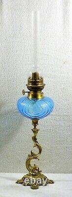 French Moulded Turquoise + Solid Brass Dolphin  Base Kerosene Oil Lamp