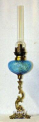 French Moulded Turquoise + Solid Brass Dolphin  Base Kerosene Oil Lamp