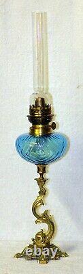 French Moulded Turquoise + Solid Brass Dolphin  Base Kerosene Oil Lamp