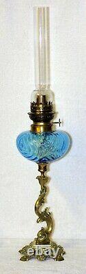 French Moulded Turquoise + Solid Brass Dolphin  Base Kerosene Oil Lamp