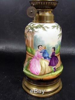 French Old 19th C Paris Porcelain Oil Lamp, Animated Scene Handmade Decoration