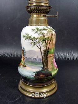 French Old 19th C Paris Porcelain Oil Lamp, Animated Scene Handmade Decoration