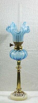 French Turquoise Internally Ribbed Peg Kerosene Oil Lamp & Shade