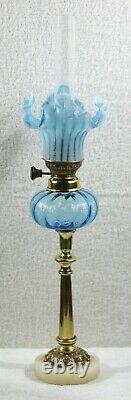 French Turquoise Internally Ribbed Peg Kerosene Oil Lamp & Shade