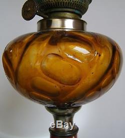 GORGEOUS PAIR ANTIQUE VICTORIAN OIL LAMP BROWN GLASS & ENAMEL PORCELAIN 19th