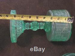 GREAT Pair of Antique Green Depression Glass Oil Lamps Vaseline Fluorescent