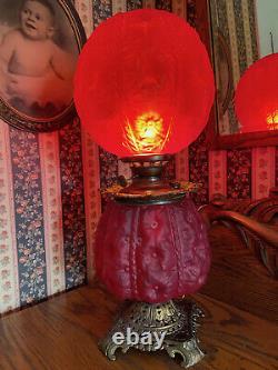 GWTW Oil LAMP Red Puffy Satin Glass Hollyhock Pittsburg Success Electrified 1915
