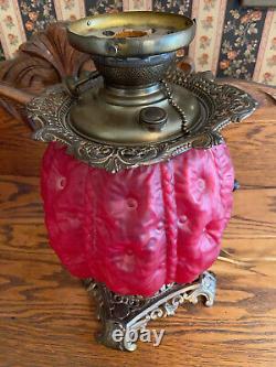 GWTW Oil LAMP Red Puffy Satin Glass Hollyhock Pittsburg Success Electrified 1915